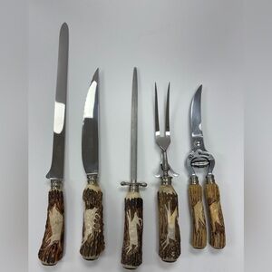Vintage Anton Wingen Jr “Othello” Set of 5 Carving Knives with Stag Horn Handles